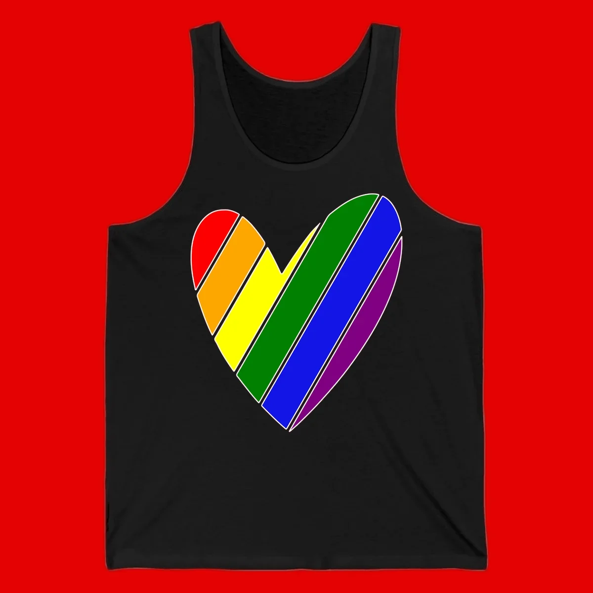 Rainbow pride heart made of diagonal chevron stripes in red, orange, yellow, green, blue, and purple colors with white outlines