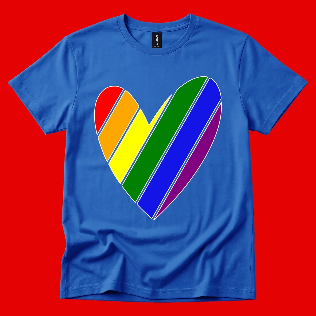 Rainbow pride heart made of diagonal chevron stripes in red, orange, yellow, green, blue, and purple colors with white outlines