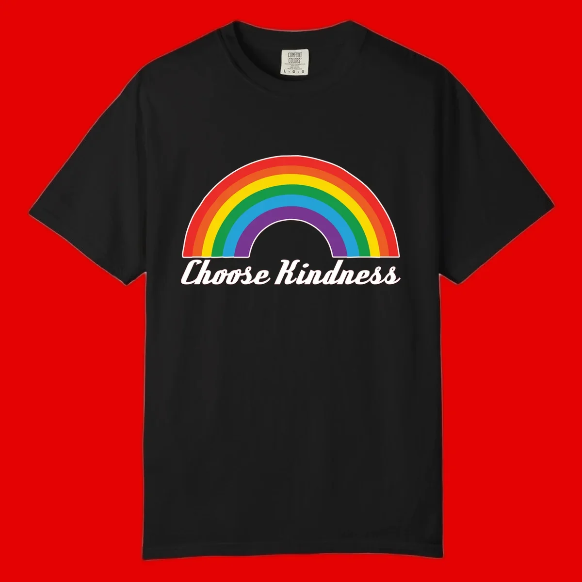 Colorful rainbow arc with 'Choose Kindness' text, promoting inclusivity and compassion