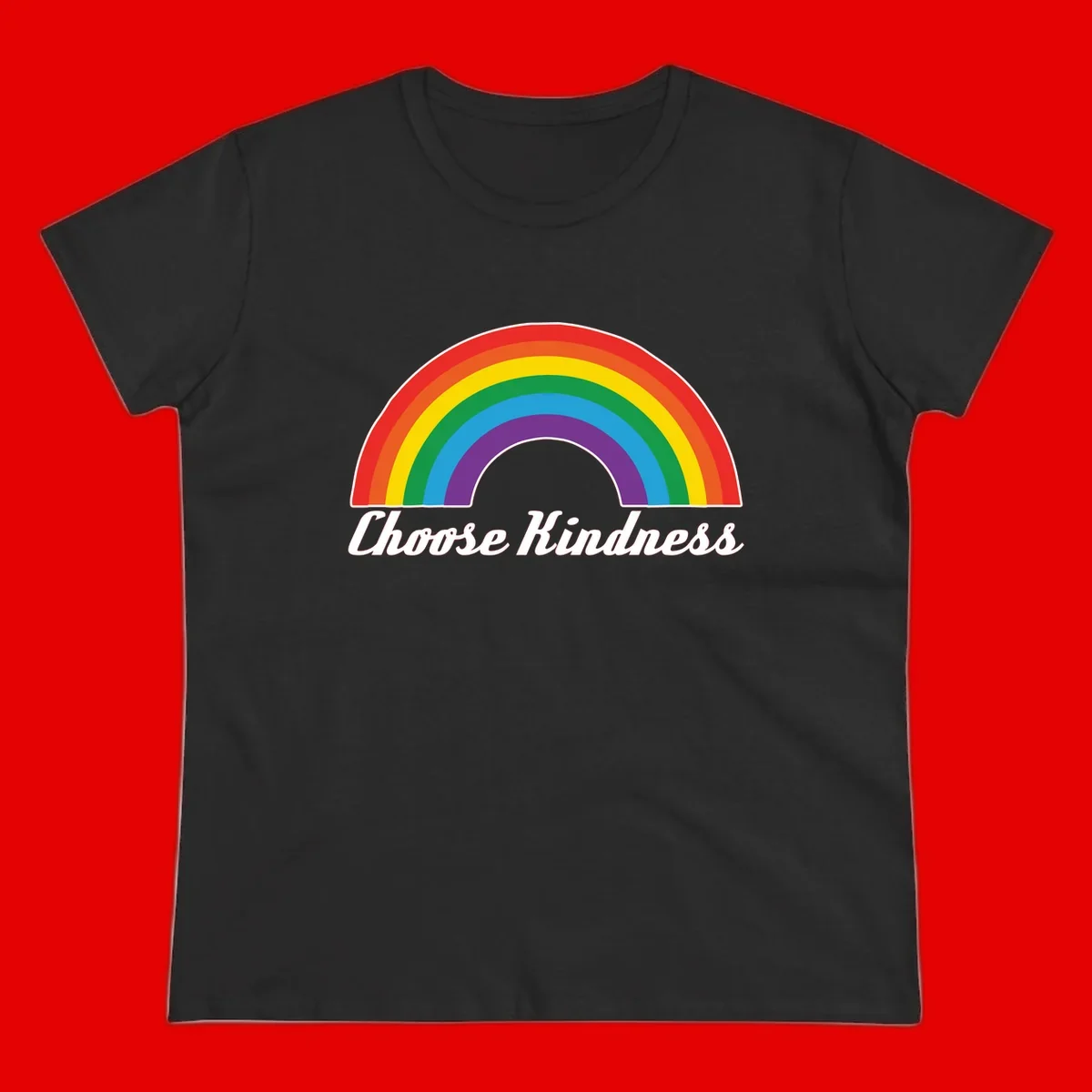 Colorful rainbow arc with 'Choose Kindness' text, promoting inclusivity and compassion