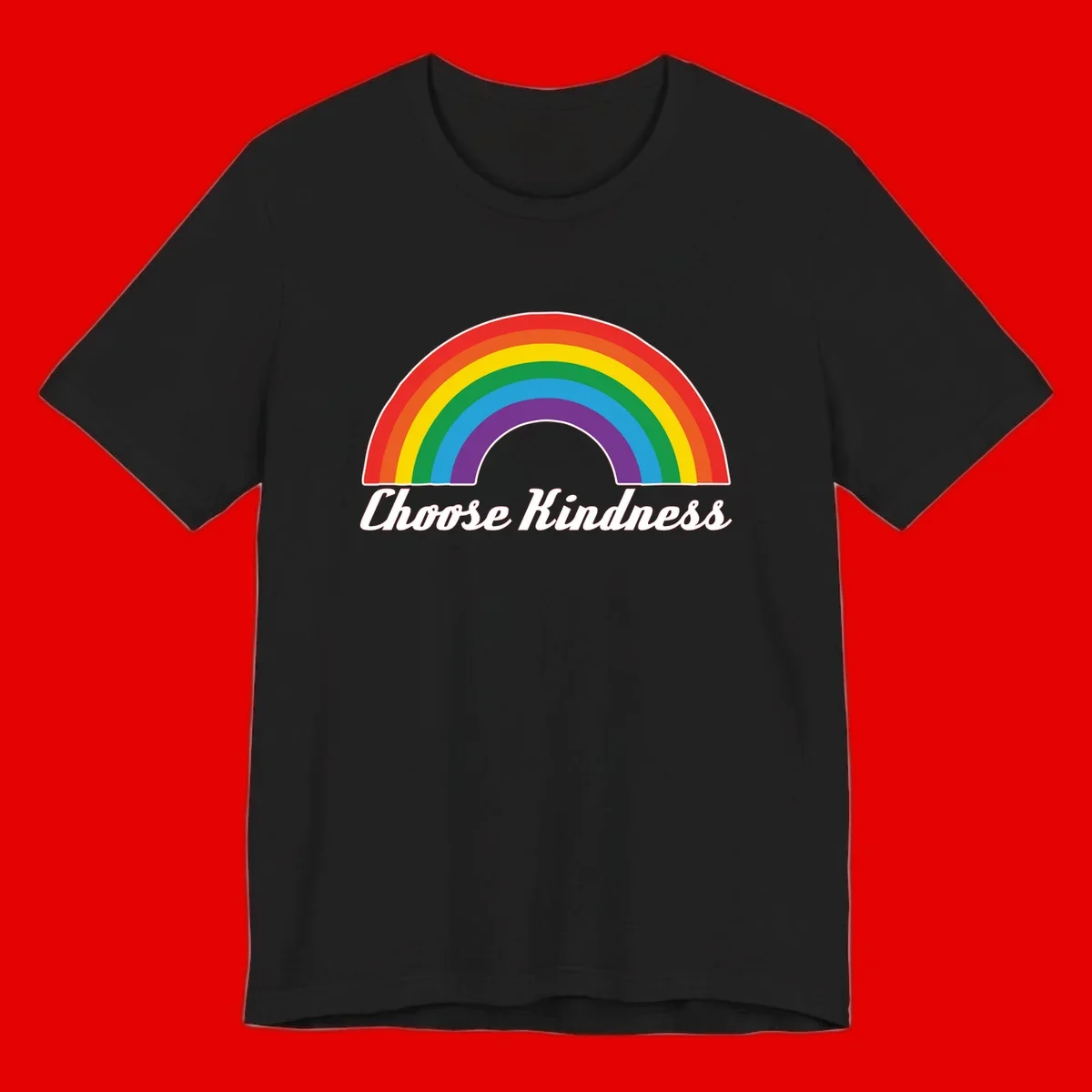 Colorful rainbow arc with 'Choose Kindness' text, promoting inclusivity and compassion