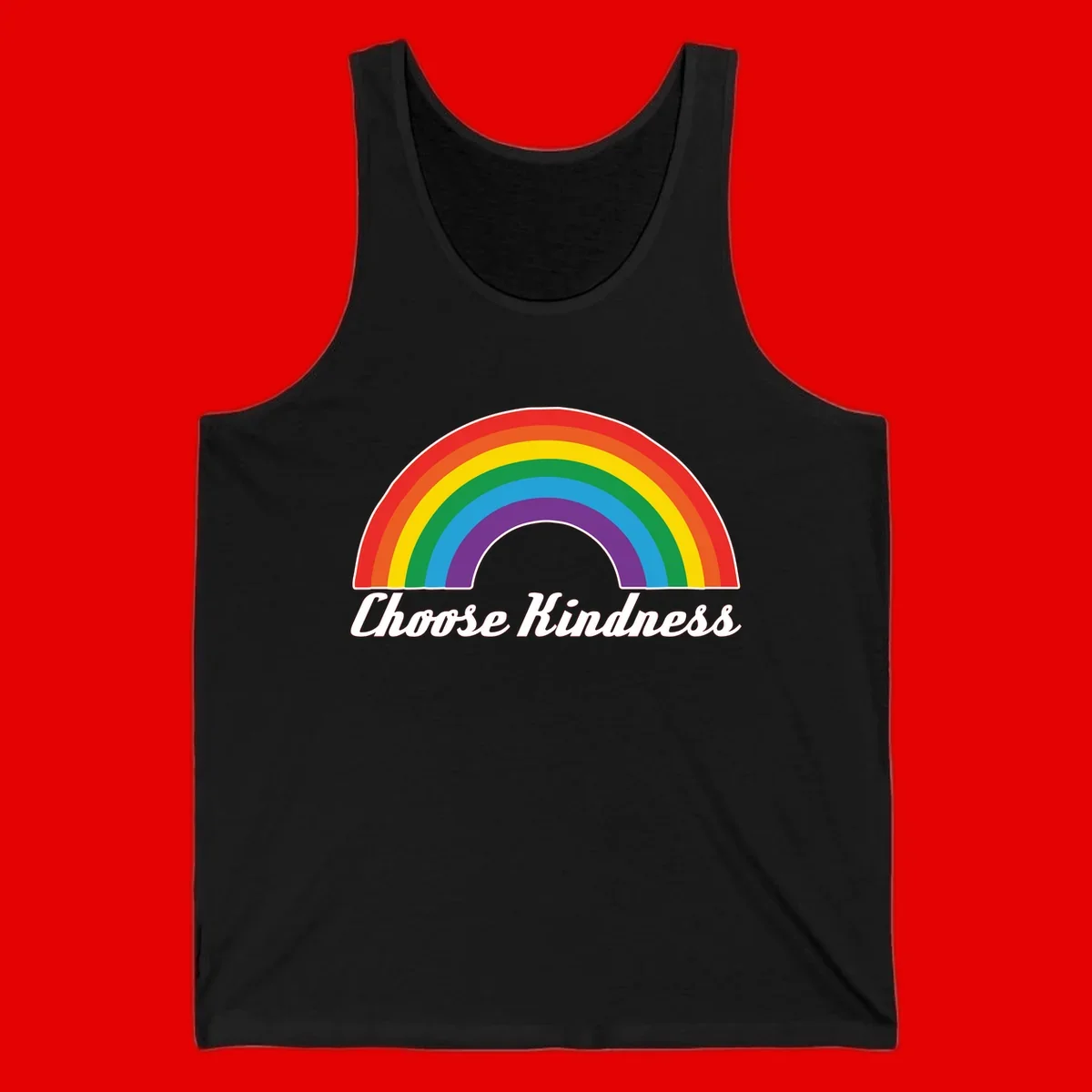 Colorful rainbow arc with 'Choose Kindness' text, promoting inclusivity and compassion