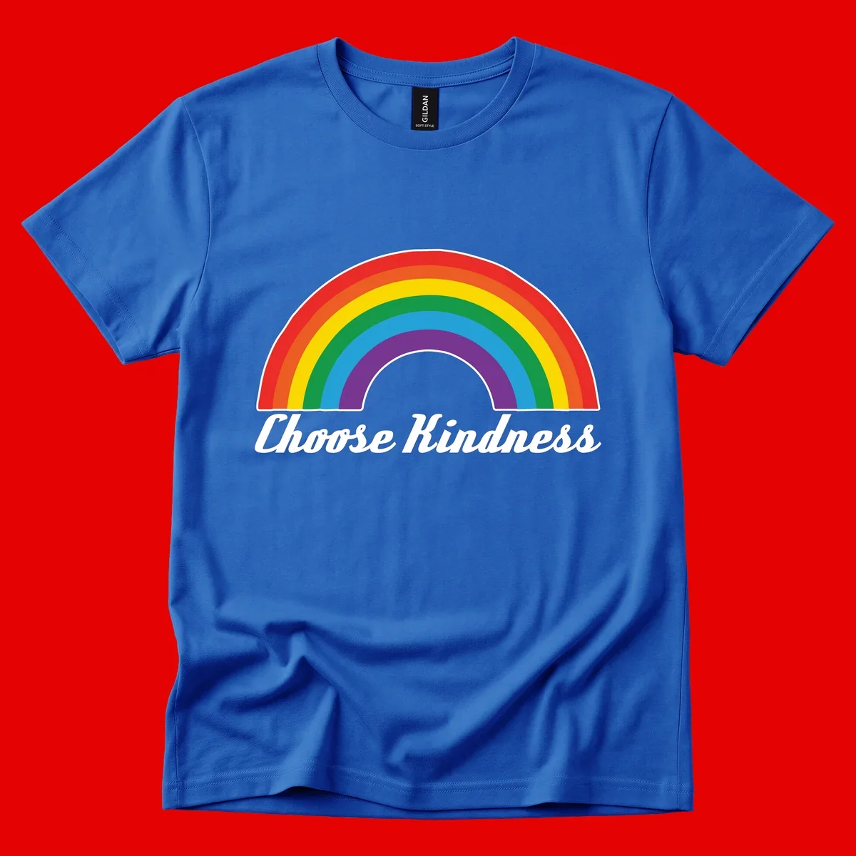 Colorful rainbow arc with 'Choose Kindness' text, promoting inclusivity and compassion