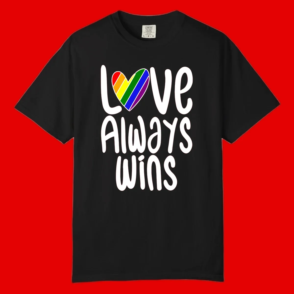 Rainbow striped heart with 'Love Always Wins' text - pride-themed design celebrating equality and LGBTQ inclusion