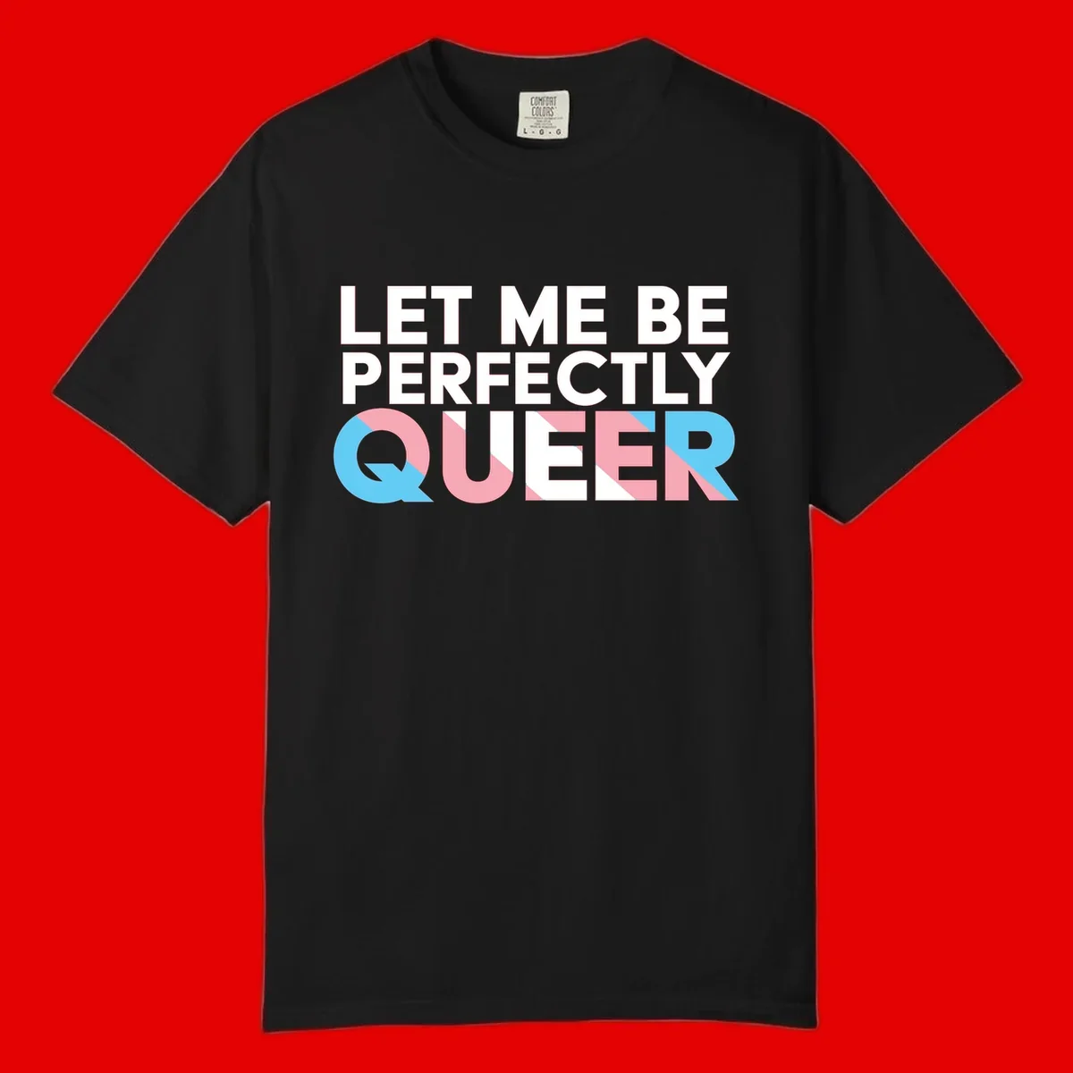 Bold white typography reading 'LET ME BE PERFECTLY QUEER' with pink and blue geometric color blocking on gray background