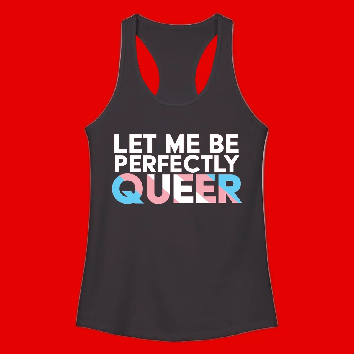 Bold white typography reading 'LET ME BE PERFECTLY QUEER' with pink and blue geometric color blocking on gray background
