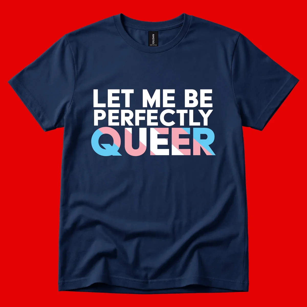 Bold white typography reading 'LET ME BE PERFECTLY QUEER' with pink and blue geometric color blocking on gray background