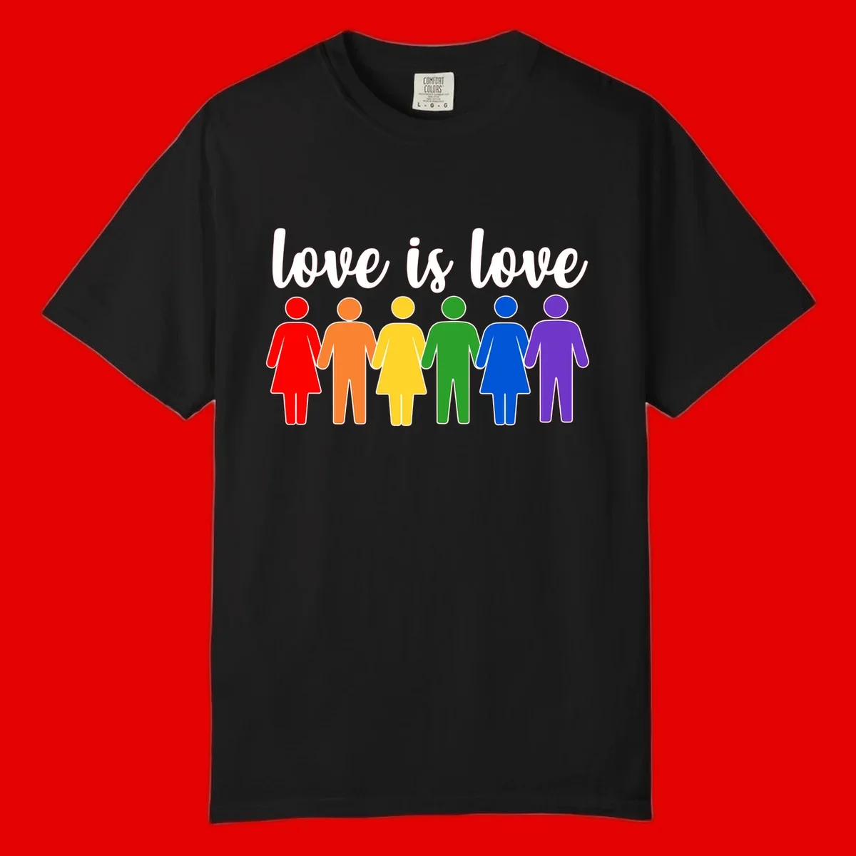 Six colorful figures holding hands in rainbow pride colors with 'love is love' text