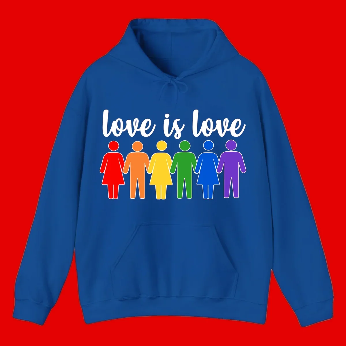 Six colorful figures holding hands in rainbow pride colors with 'love is love' text