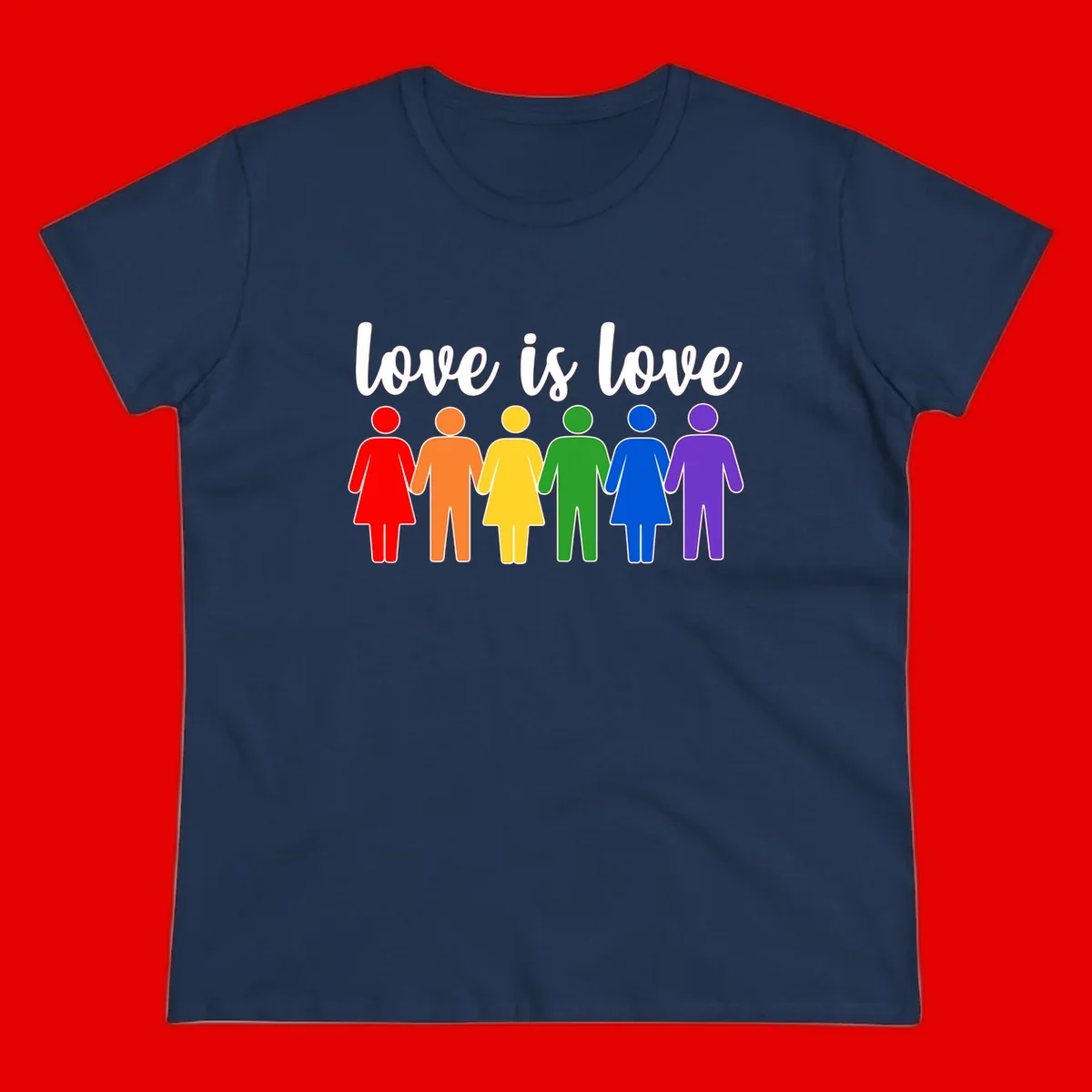 Six colorful figures holding hands in rainbow pride colors with 'love is love' text