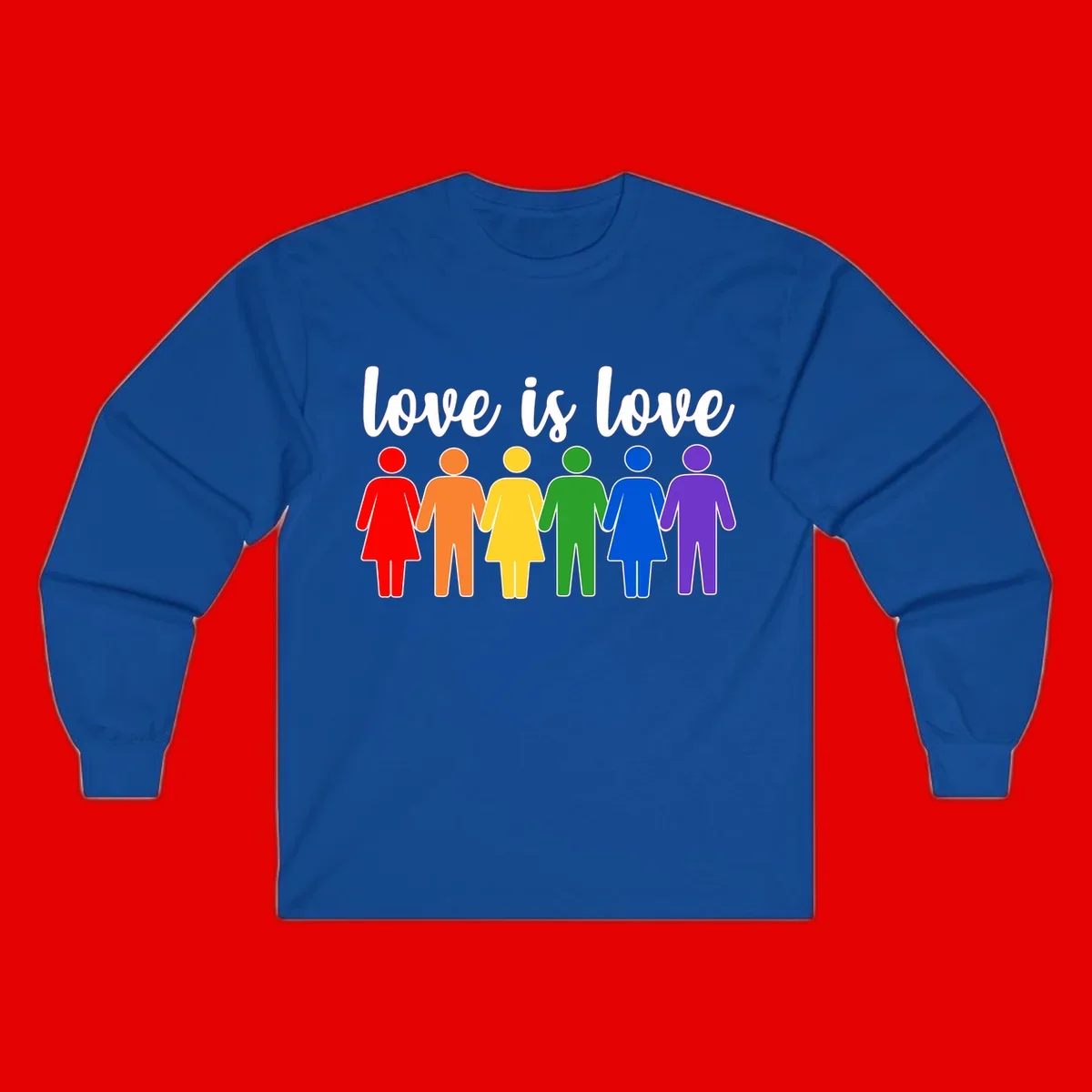 Six colorful figures holding hands in rainbow pride colors with 'love is love' text