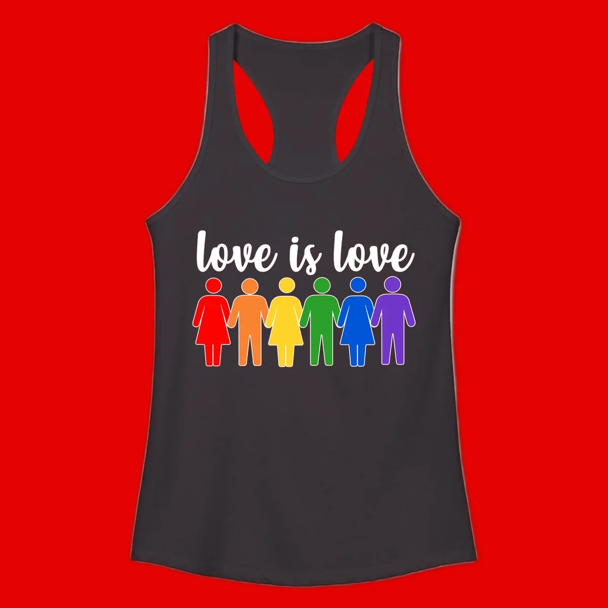 Six colorful figures holding hands in rainbow pride colors with 'love is love' text