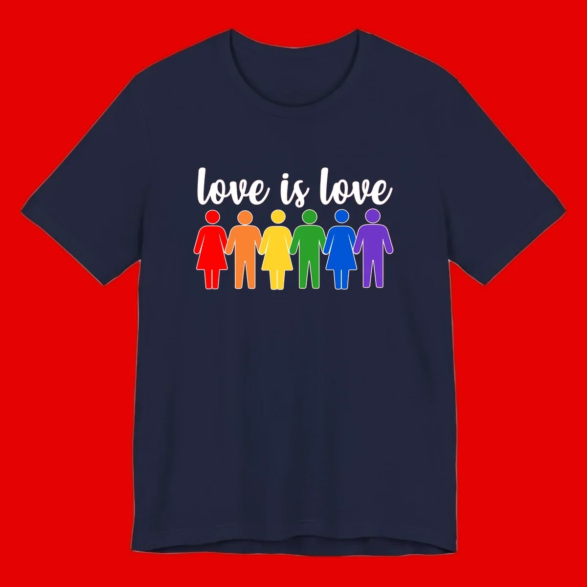 Six colorful figures holding hands in rainbow pride colors with 'love is love' text