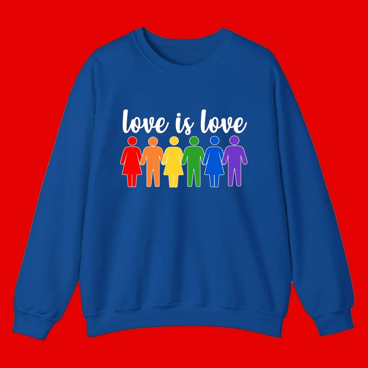 Six colorful figures holding hands in rainbow pride colors with 'love is love' text