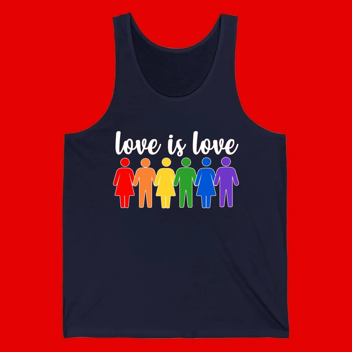 Six colorful figures holding hands in rainbow pride colors with 'love is love' text