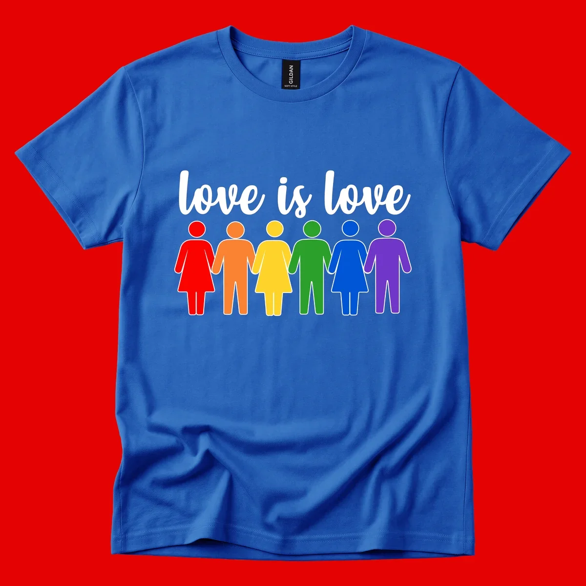 Six colorful figures holding hands in rainbow pride colors with 'love is love' text
