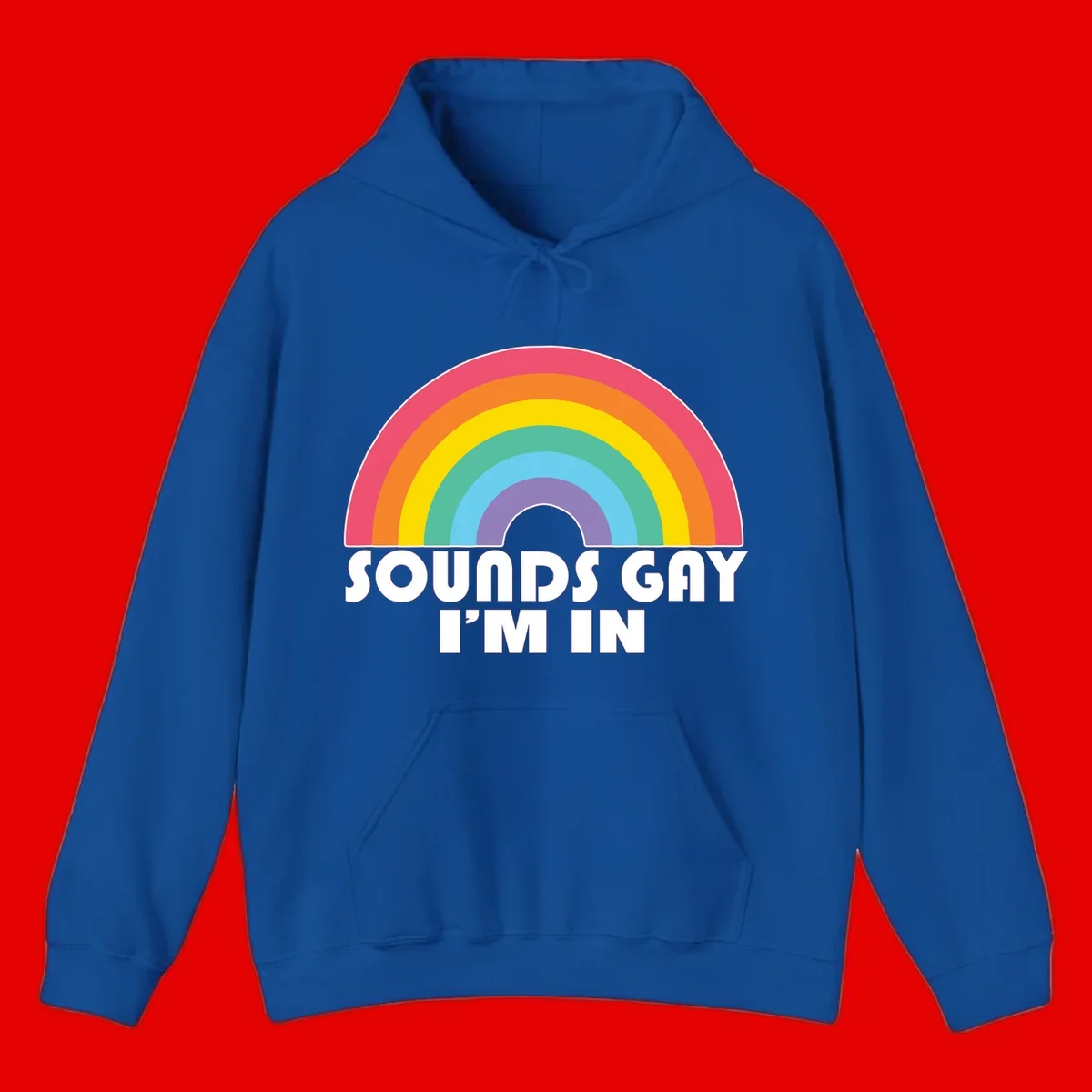 Colorful concentric rainbow arc above white text reading 'Sounds Gay I'm In' on gray background
