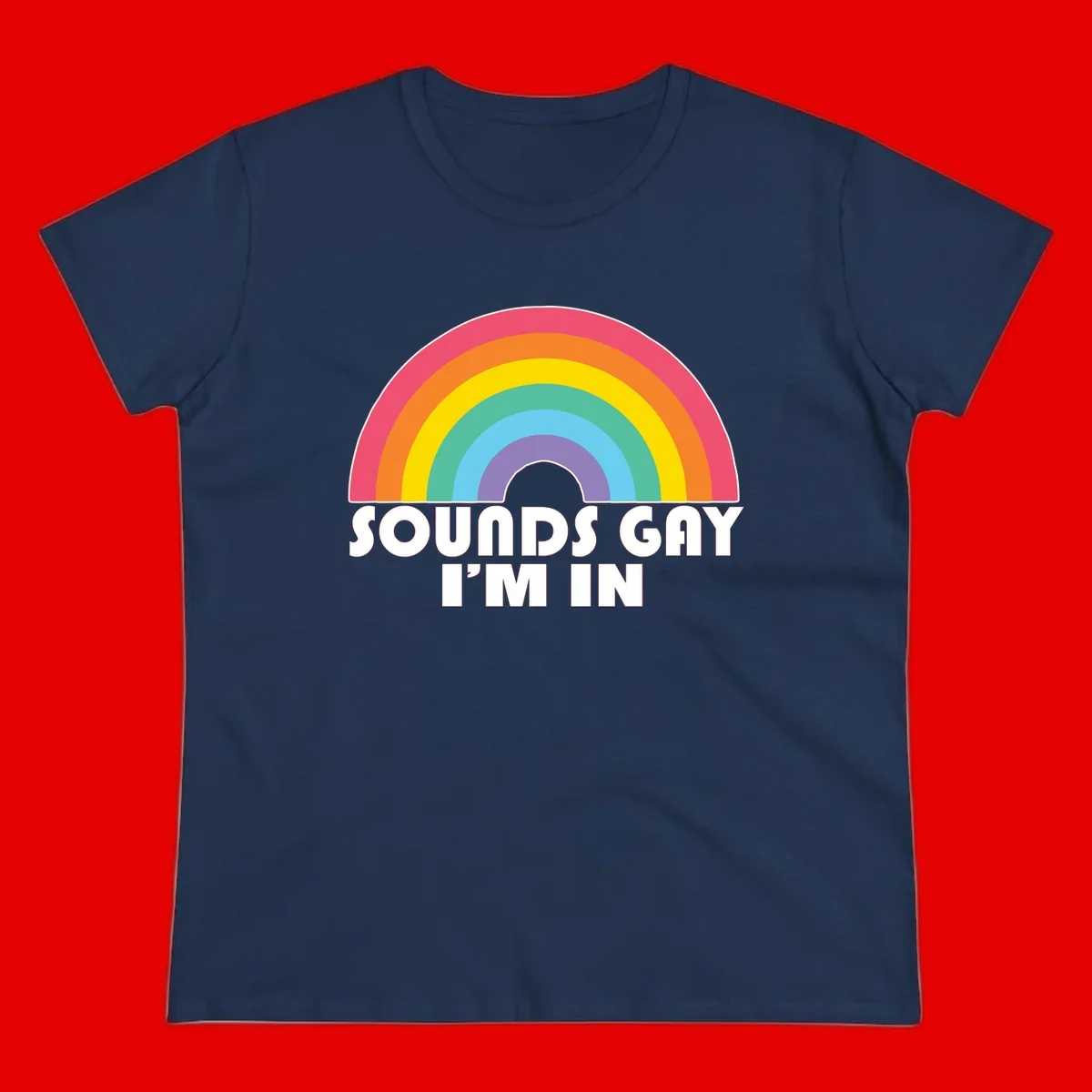 Colorful concentric rainbow arc above white text reading 'Sounds Gay I'm In' on gray background