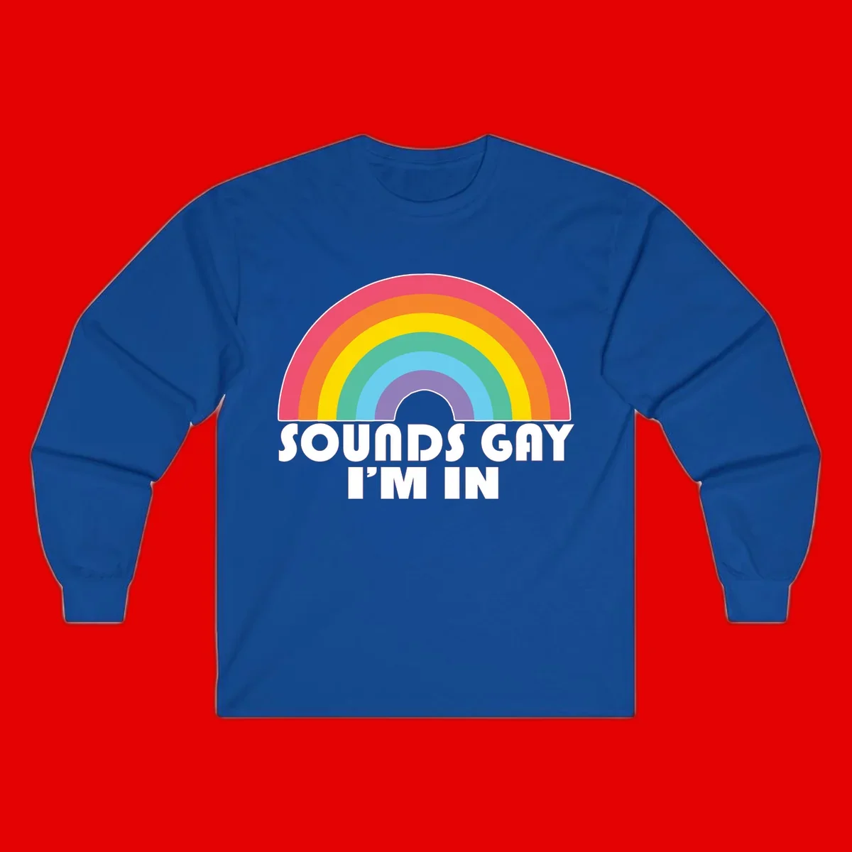 Colorful concentric rainbow arc above white text reading 'Sounds Gay I'm In' on gray background