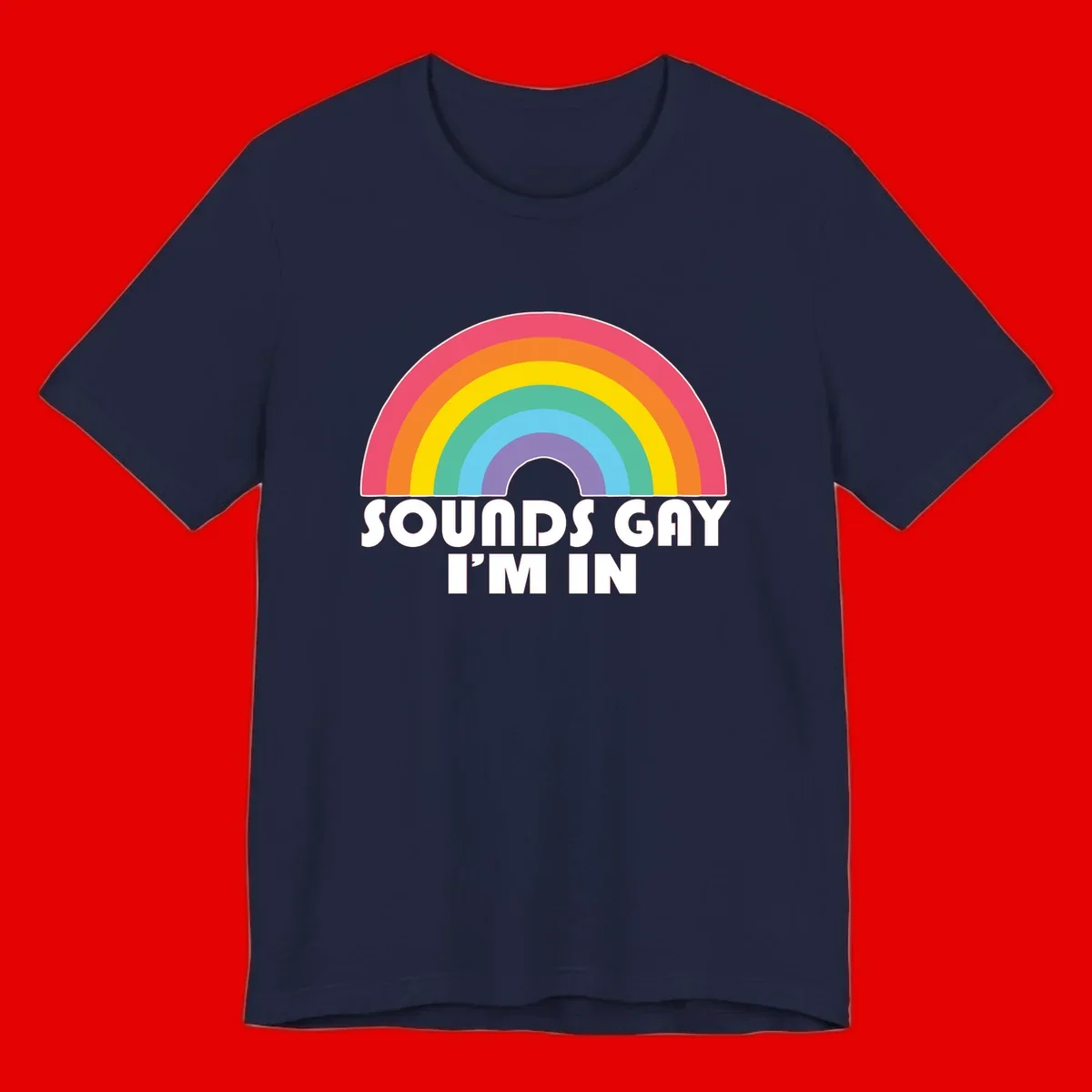 Colorful concentric rainbow arc above white text reading 'Sounds Gay I'm In' on gray background