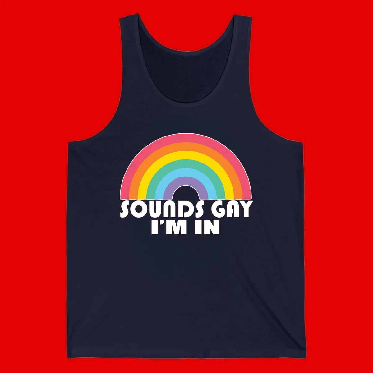 Colorful concentric rainbow arc above white text reading 'Sounds Gay I'm In' on gray background