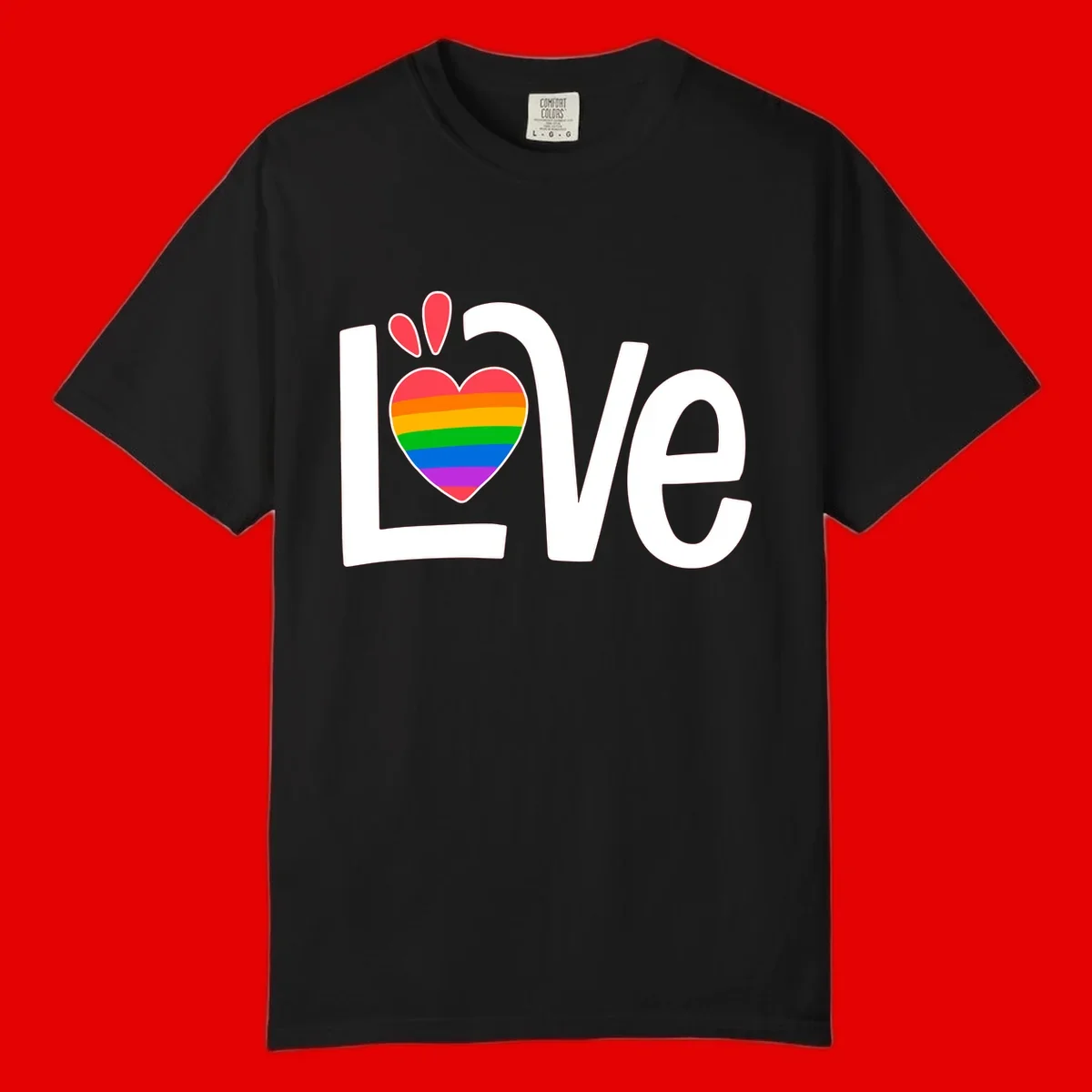Love pride paw print design with rainbow-striped heart and white lettering on gray background