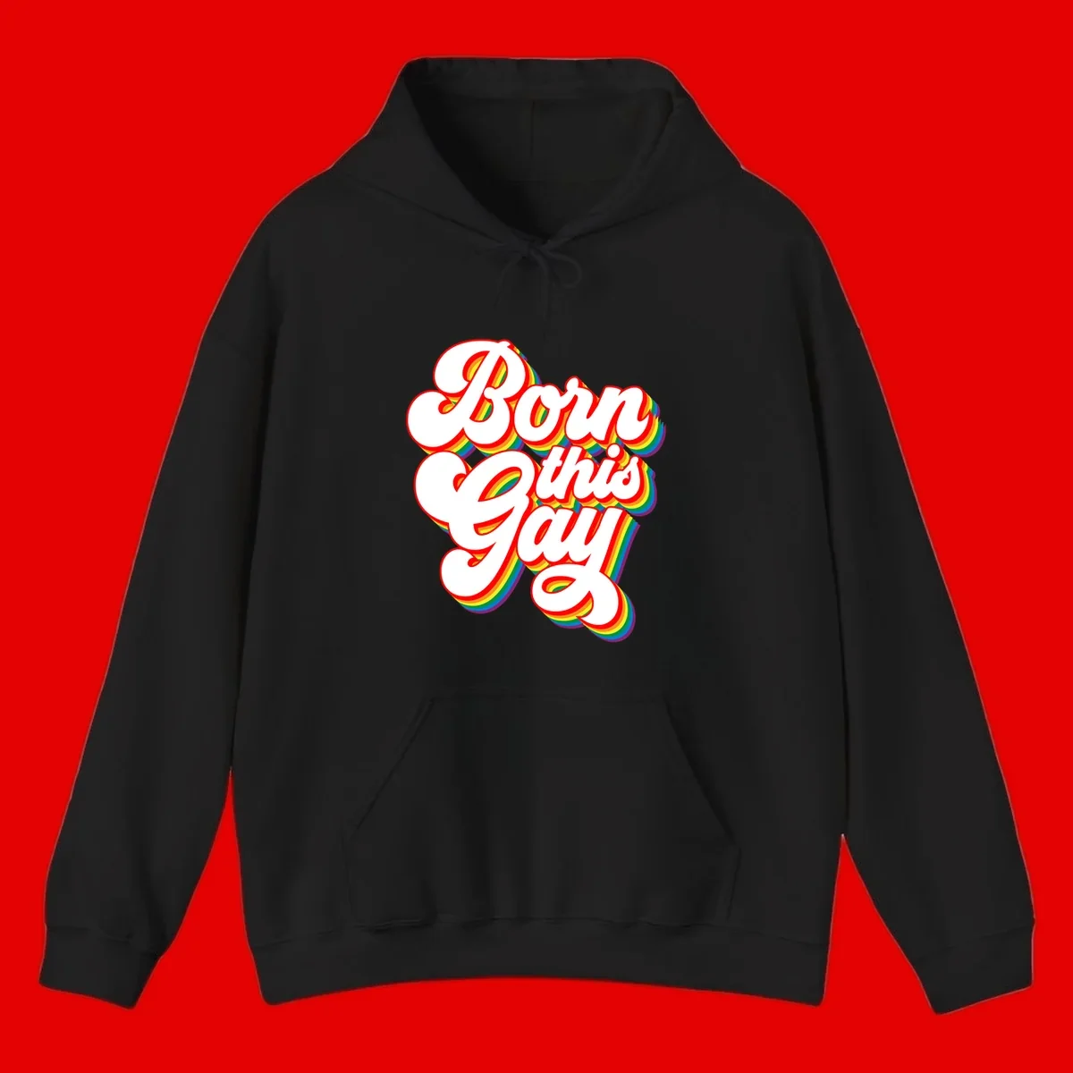 Born this gay pride design with white text outlined in red and filled with rainbow stripes on gray background