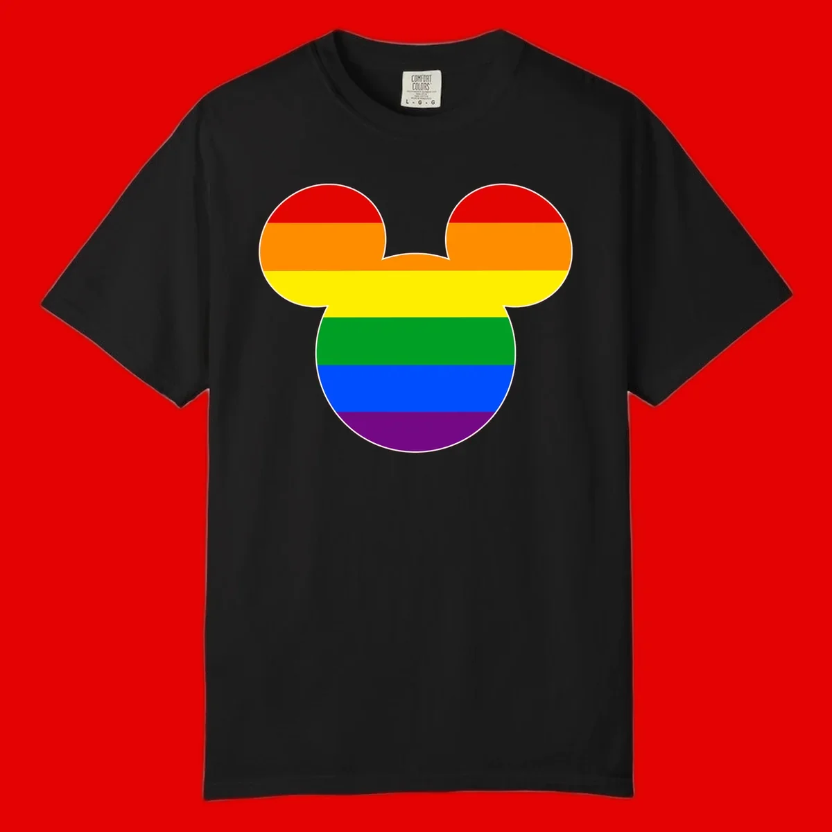 Rainbow pride flag Mickey Mouse ear silhouette with red, orange, yellow, green, blue and purple horizontal stripes