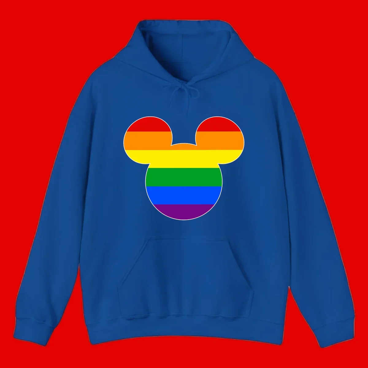 Rainbow pride flag Mickey Mouse ear silhouette with red, orange, yellow, green, blue and purple horizontal stripes