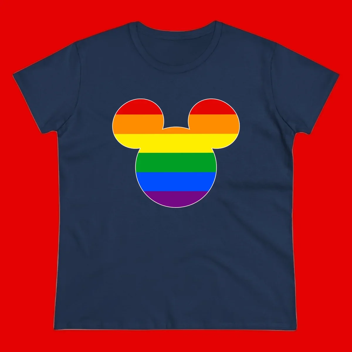 Rainbow pride flag Mickey Mouse ear silhouette with red, orange, yellow, green, blue and purple horizontal stripes