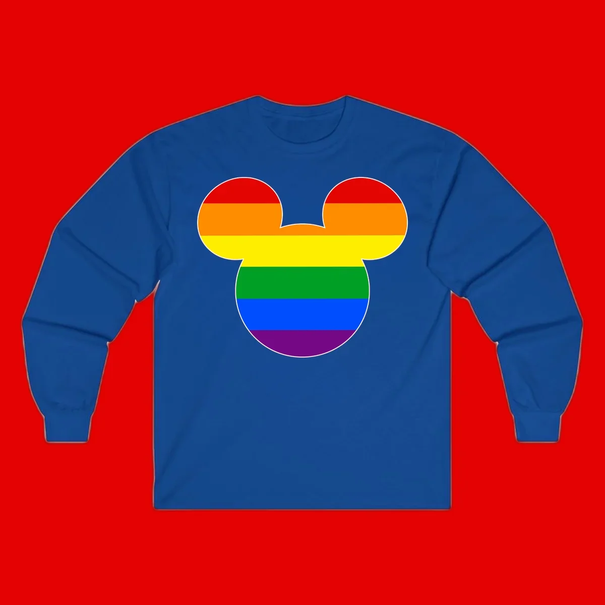 Rainbow pride flag Mickey Mouse ear silhouette with red, orange, yellow, green, blue and purple horizontal stripes