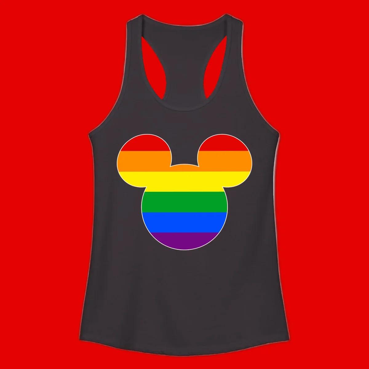 Rainbow pride flag Mickey Mouse ear silhouette with red, orange, yellow, green, blue and purple horizontal stripes