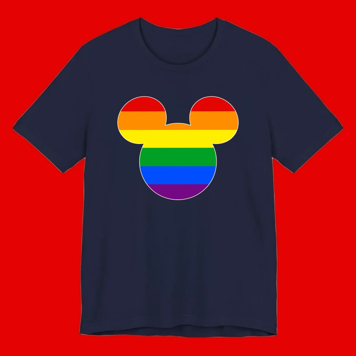 Rainbow pride flag Mickey Mouse ear silhouette with red, orange, yellow, green, blue and purple horizontal stripes