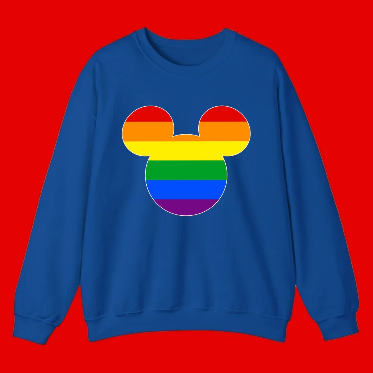 Rainbow pride flag Mickey Mouse ear silhouette with red, orange, yellow, green, blue and purple horizontal stripes