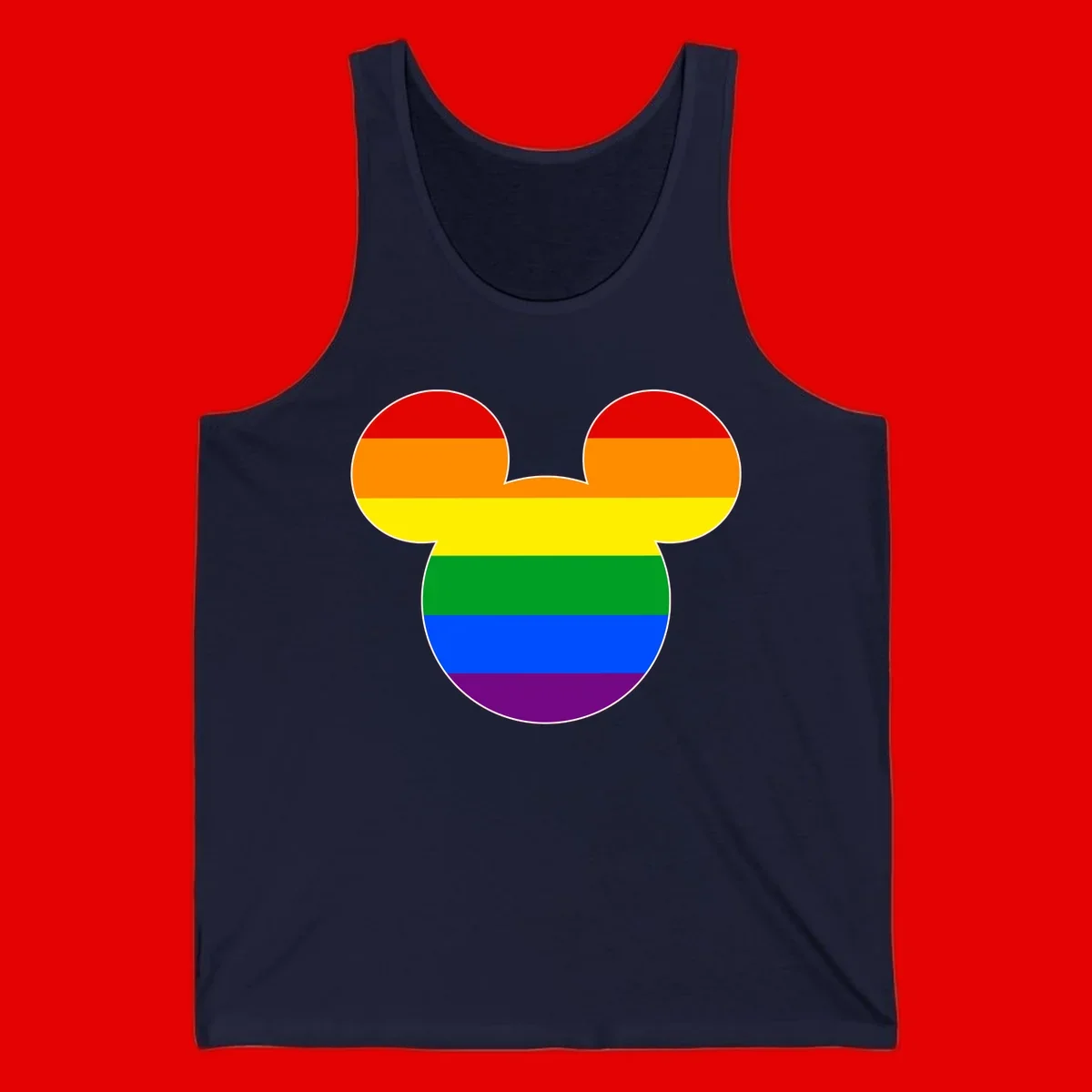 Rainbow pride flag Mickey Mouse ear silhouette with red, orange, yellow, green, blue and purple horizontal stripes