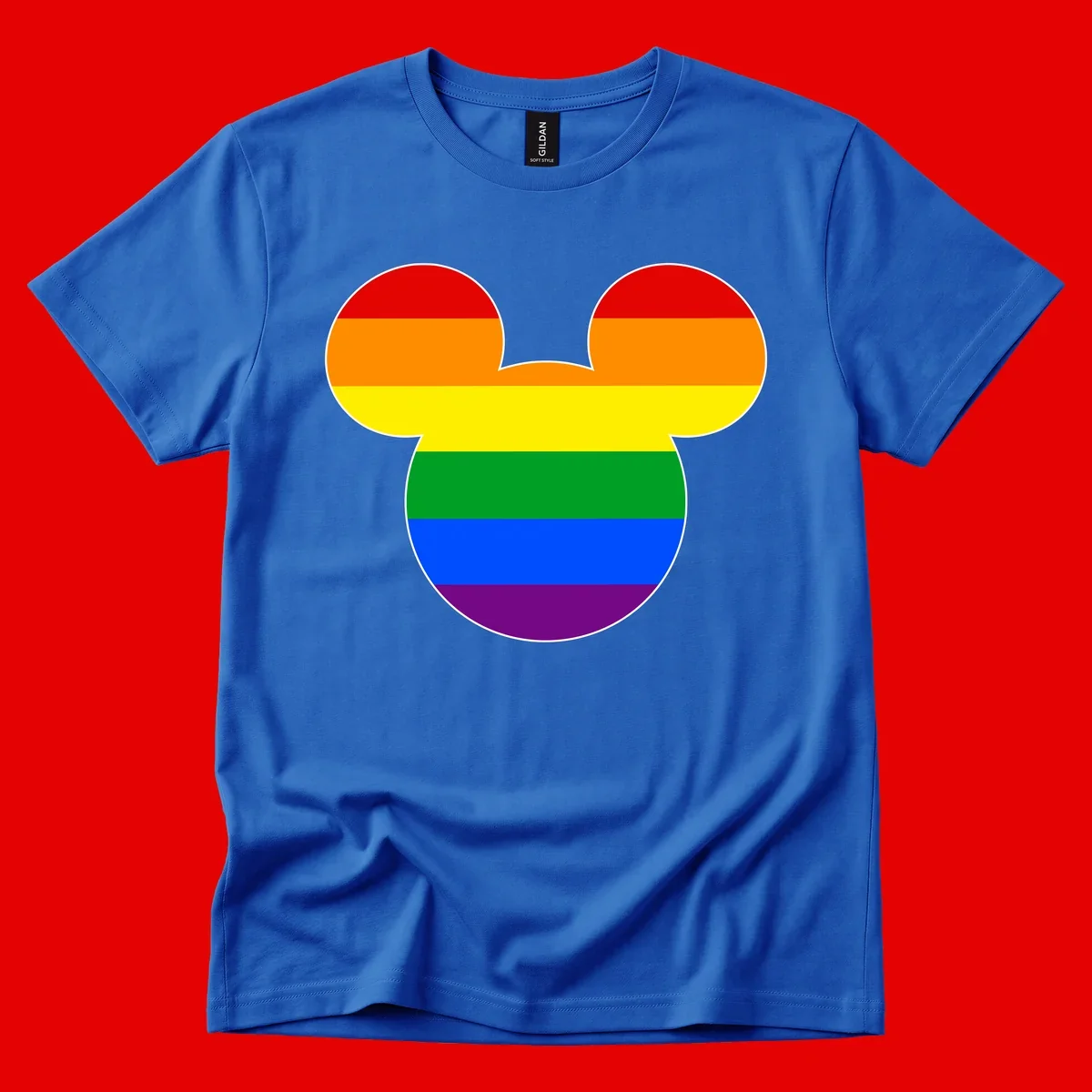 Rainbow pride flag Mickey Mouse ear silhouette with red, orange, yellow, green, blue and purple horizontal stripes
