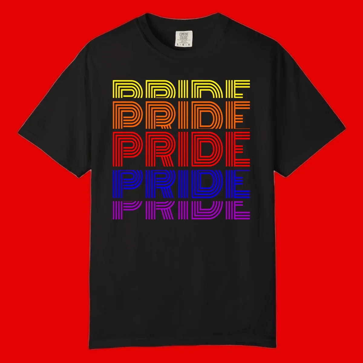 Rainbow-pride-stripes design with the word PRIDE repeated five times in yellow, orange, red, blue, and purple concentric lines on gray background