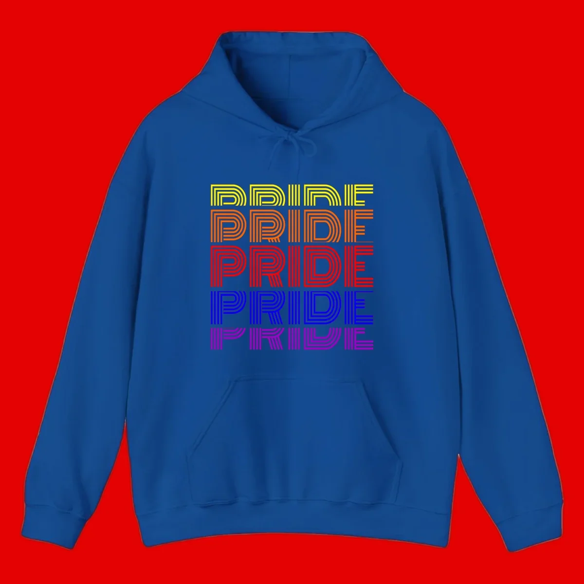 Rainbow-pride-stripes design with the word PRIDE repeated five times in yellow, orange, red, blue, and purple concentric lines on gray background