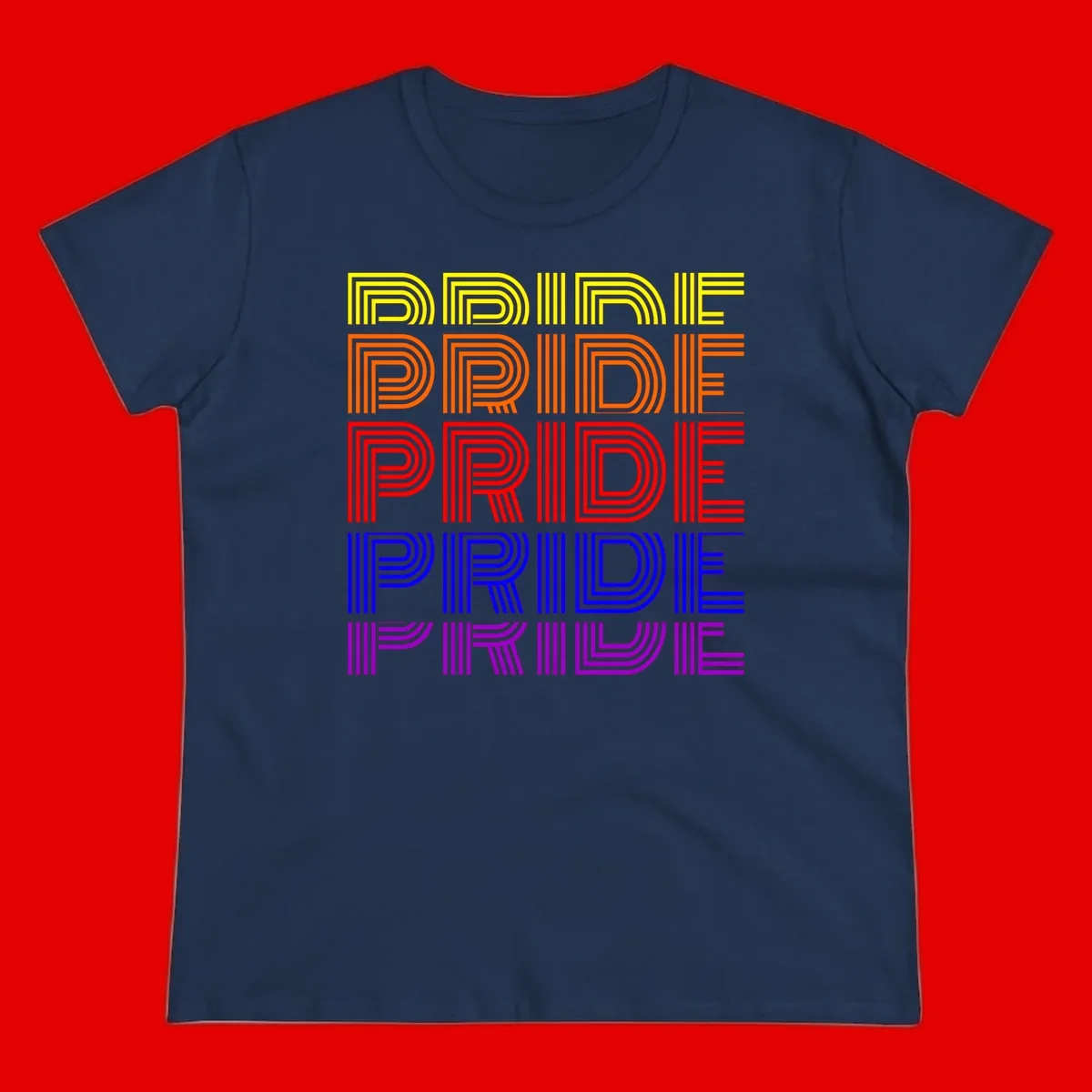 Rainbow-pride-stripes design with the word PRIDE repeated five times in yellow, orange, red, blue, and purple concentric lines on gray background