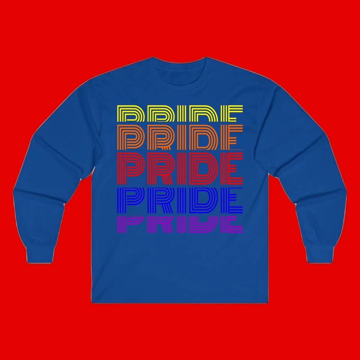 Rainbow-pride-stripes design with the word PRIDE repeated five times in yellow, orange, red, blue, and purple concentric lines on gray background