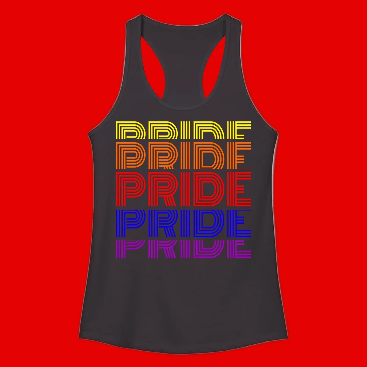 Rainbow-pride-stripes design with the word PRIDE repeated five times in yellow, orange, red, blue, and purple concentric lines on gray background