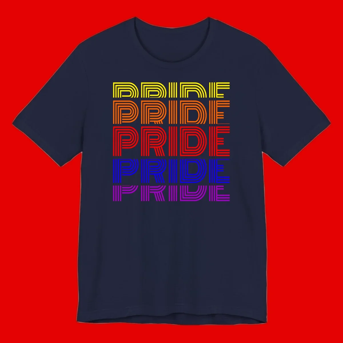Rainbow-pride-stripes design with the word PRIDE repeated five times in yellow, orange, red, blue, and purple concentric lines on gray background