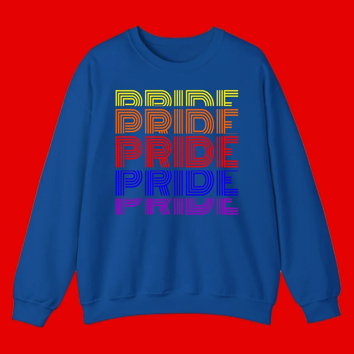 Rainbow-pride-stripes design with the word PRIDE repeated five times in yellow, orange, red, blue, and purple concentric lines on gray background