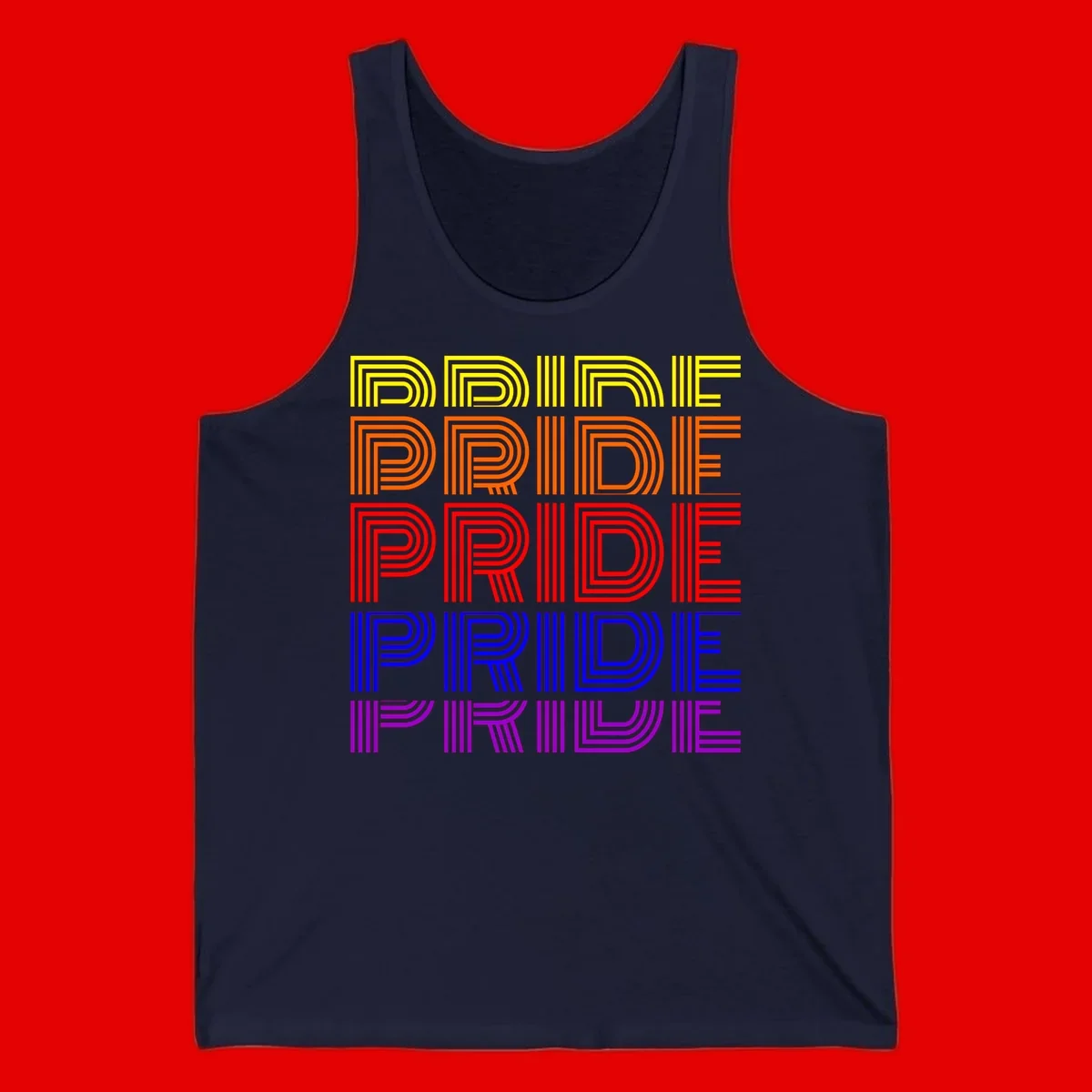 Rainbow-pride-stripes design with the word PRIDE repeated five times in yellow, orange, red, blue, and purple concentric lines on gray background