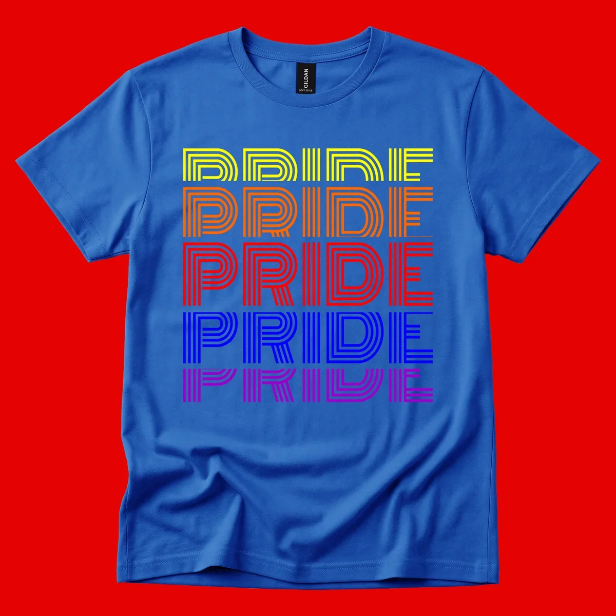 Rainbow-pride-stripes design with the word PRIDE repeated five times in yellow, orange, red, blue, and purple concentric lines on gray background