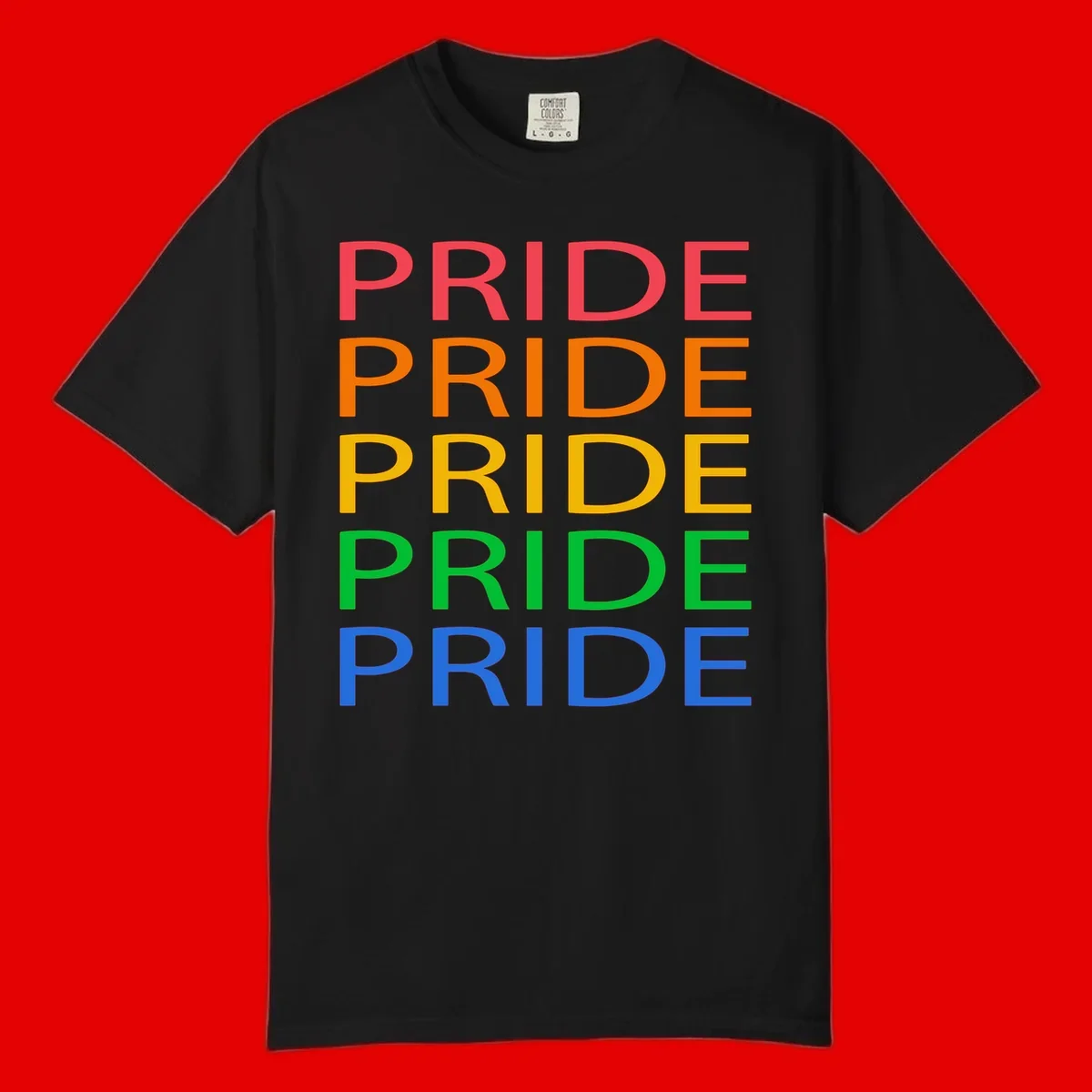 Rainbow pride repeating text design with the word PRIDE stacked five times in red, orange, yellow, green, and blue colors on gray background