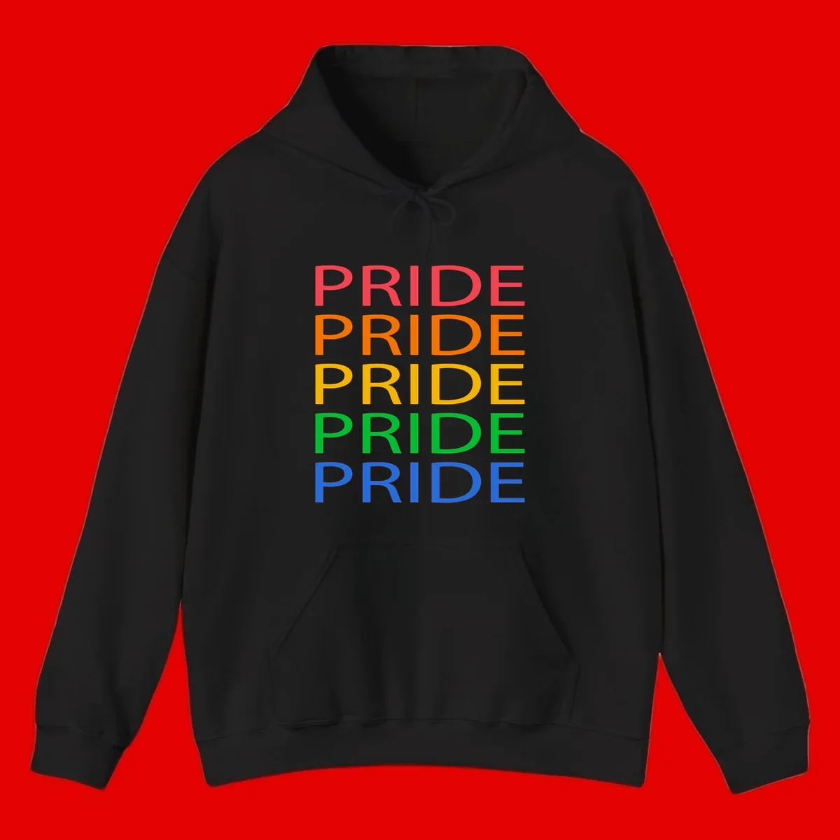 Rainbow pride repeating text design with the word PRIDE stacked five times in red, orange, yellow, green, and blue colors on gray background