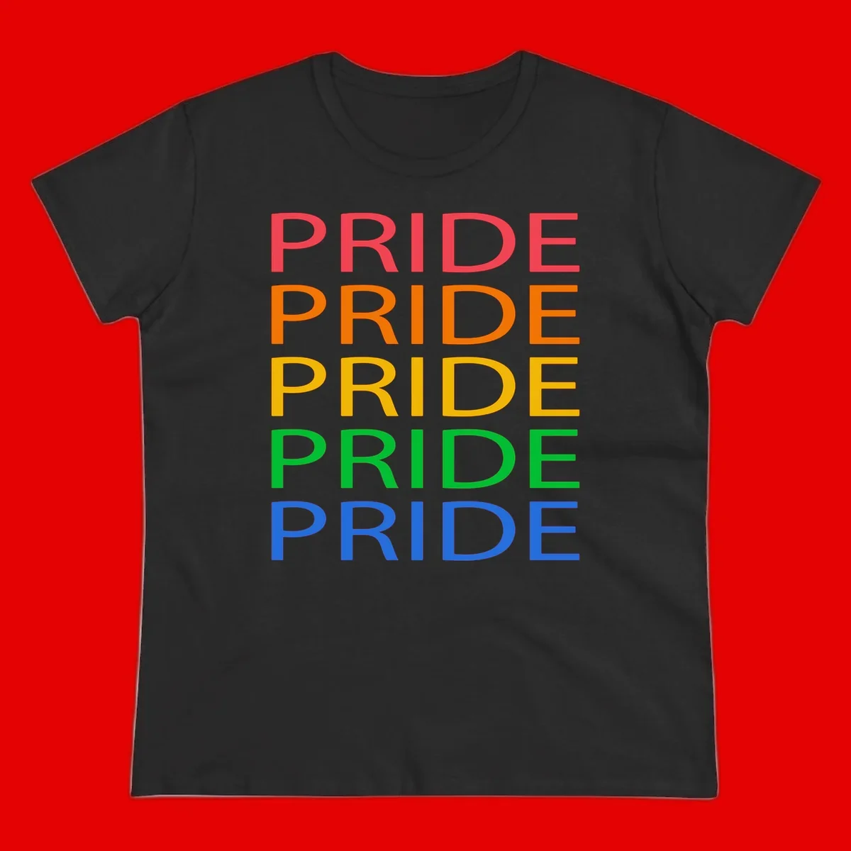 Rainbow pride repeating text design with the word PRIDE stacked five times in red, orange, yellow, green, and blue colors on gray background