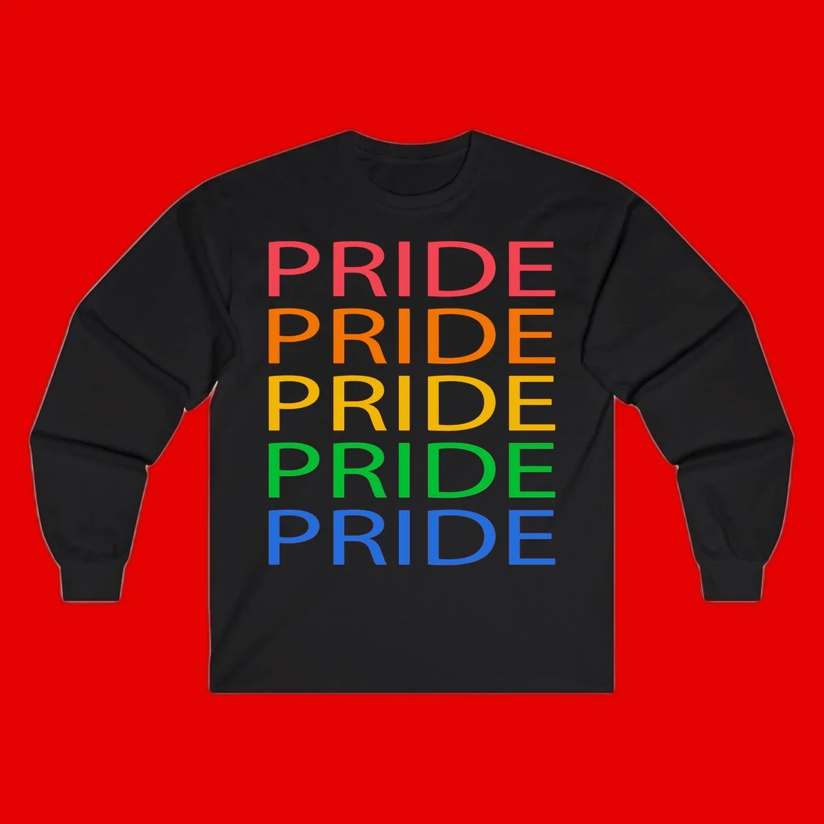 Rainbow pride repeating text design with the word PRIDE stacked five times in red, orange, yellow, green, and blue colors on gray background