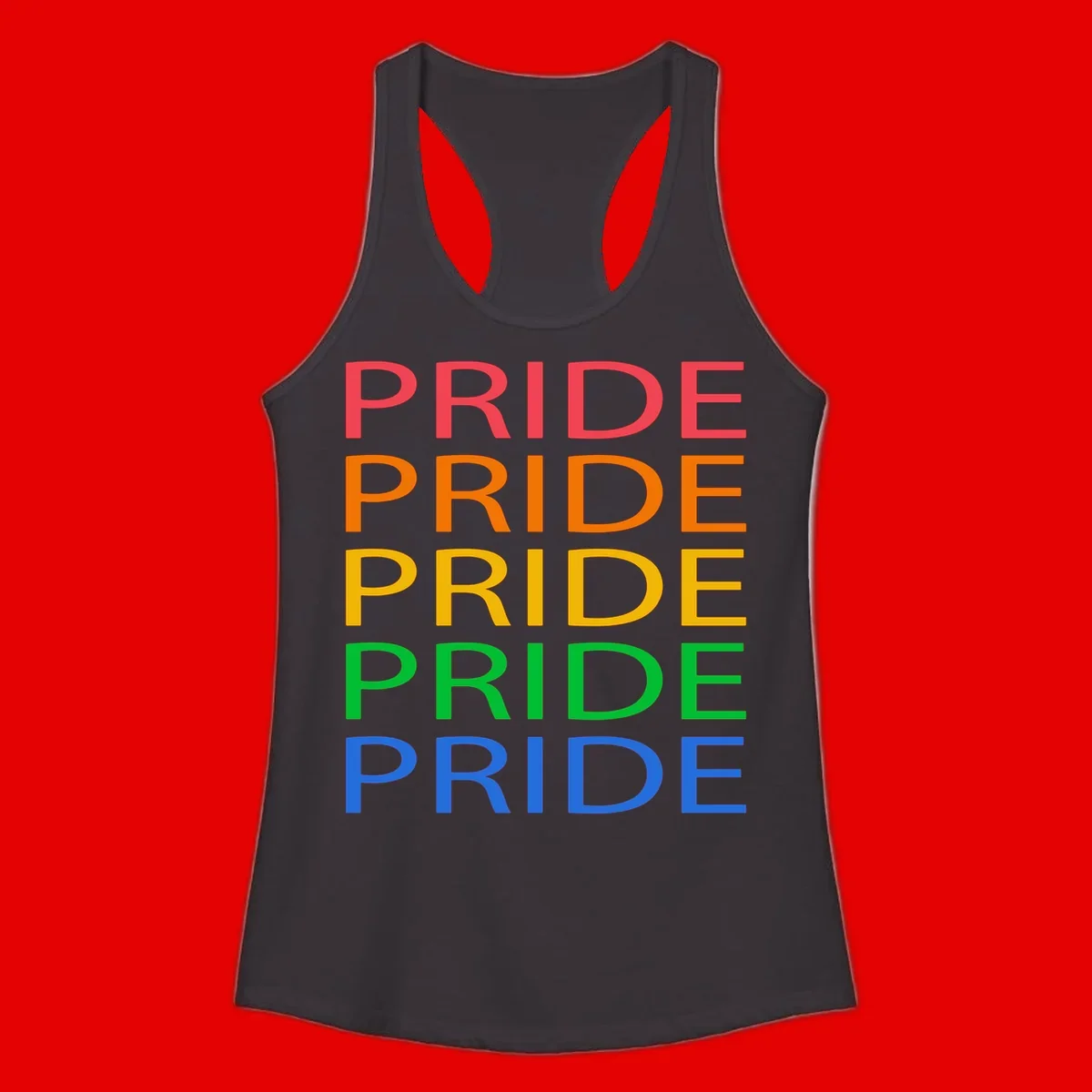 Rainbow pride repeating text design with the word PRIDE stacked five times in red, orange, yellow, green, and blue colors on gray background